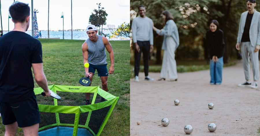 A comparative picture between PaddleSmash and Bocceball, friends playing each sport