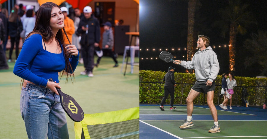 A closeup of a woman playing PaddleSmash holding a paddle on her hand, and a guy playing Pickleball at night